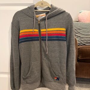 Aviator Nation Gray Zip-Up Hoodie with Colorful Stripes
